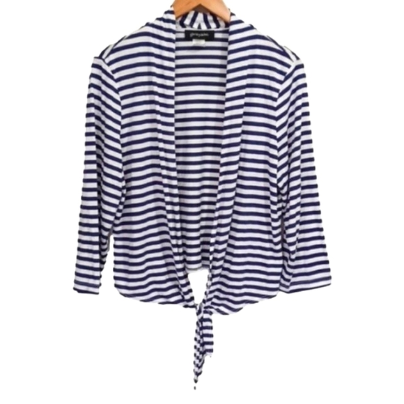 Grayson Sweaters - Grayson Blue/White Striped Knit Open Front Tie Waist Cardigan